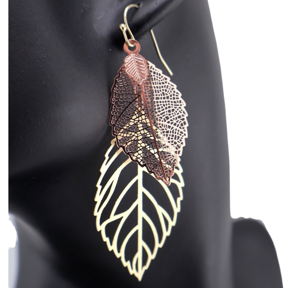 Express Double Layered Leaf Earrings Two Tone Rose Gold Filigree Boho NWT